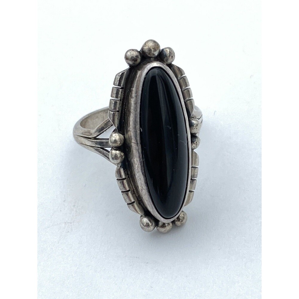 Vintage Sterling Silver Long Oval Black Onyx Ring 5.9 Grams